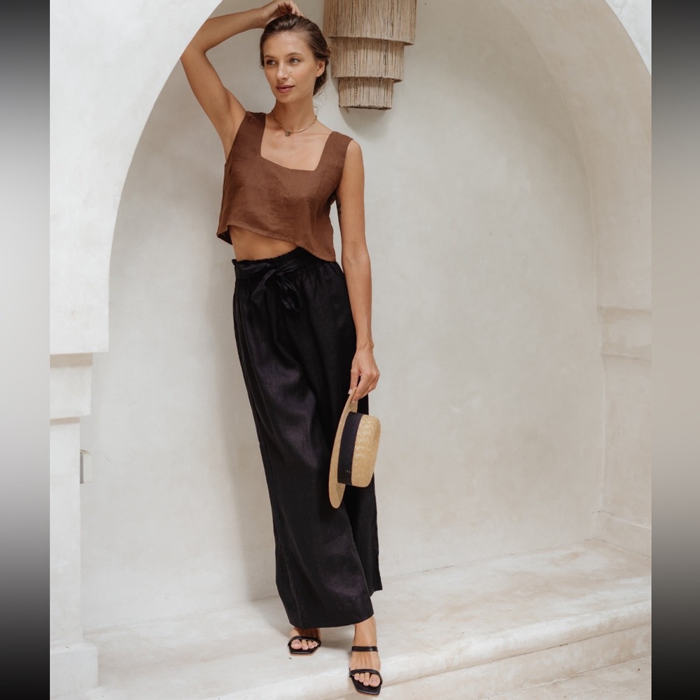 Wide-Leg French Linen High-Waist Elastic Black Pants - Size S - Picture 2 of 9